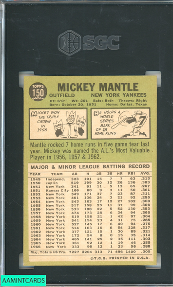1967 TOPPS MICKEY MANTLE #150 NEW YORK YANKEES HOF SGC 2 GD 0853503 1967 TOPPS MICKEY MANTLE #150 NEW YORK YANKEES HOF SGC 2 GD 0853503