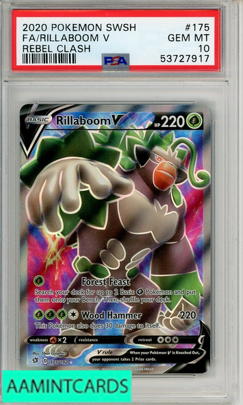 2020 POKEMON SWORD SHIELD REBEL CLASH FA RILLABOOM V #175 PSA 10 53727917