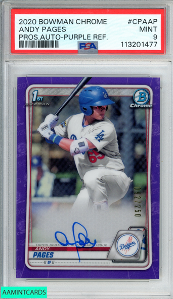 2020 BOWMAN CHROME PROSPECT AUTO ANDY PAGES #CPAAP PURPLE 92 OF 250 1ST RC PSA 9 113201477