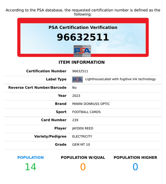 2023 PANINI DONRUSS OPTIC JAYDEN REED #239 ELECTRICITY 50 OF 69 ROOKIE RC PSA 10 96632511