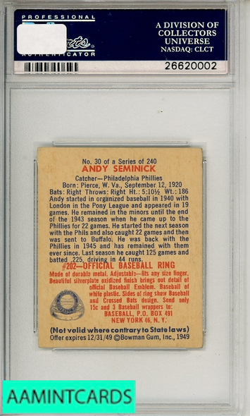 1949 BOWMAN ANDY SEMINICK #30 PSA 4 VG-EX 26620002