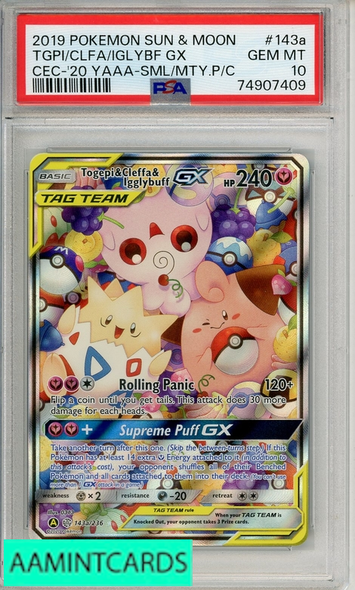 2019 PKMN SUN MOON COS ECLIPSE TGPI CLFA IGLYBF GX #143A CEC- 20 PSA 10 74907409