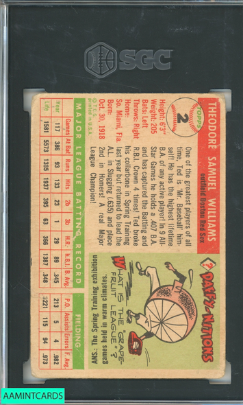 1955 TOPPS TED WILLIAMS #2 BOSTON RED SOX HOF SGC 1 PR 0805688 1955 TOPPS TED WILLIAMS #2 BOSTON RED SOX HOF SGC 1 PR 0805688