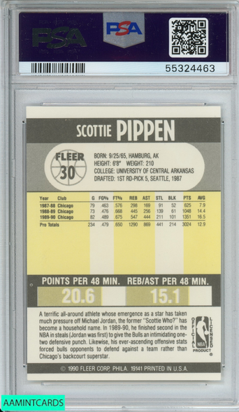 1990 FLEER SCOTTIE PIPPEN #30 CHICAGO BULLS HOF PSA 9 MINT 55324463