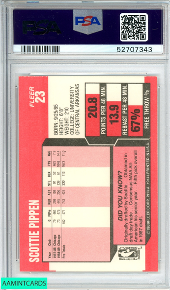 1989 FLEER SCOTTIE PIPPEN #23 CHICAGO BULLS HOF PSA 9 MINT 52707343