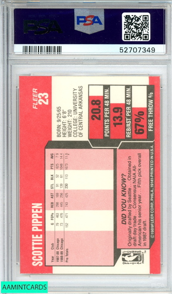 1989 FLEER SCOTTIE PIPPEN #23 CHICAGO BULLS HOF PSA 9 MINT 52707349