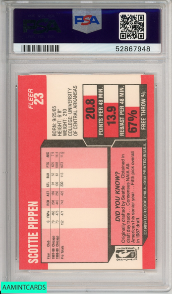 1989 FLEER SCOTTIE PIPPEN #23 HOF CHICAGO BULLS PSA 8 NM-MT 52867948 1989 FLEER SCOTTIE PIPPEN #23 HOF CHICAGO BULLS PSA 8 NM-MT 52867948