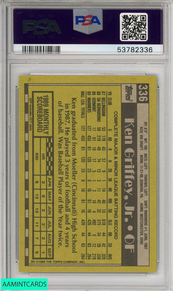 1990 TOPPS KEN GRIFFEY JR  #336 SEATTLE MARINERS ROOKIE RC HOF PSA 8 NM-MT 53782336