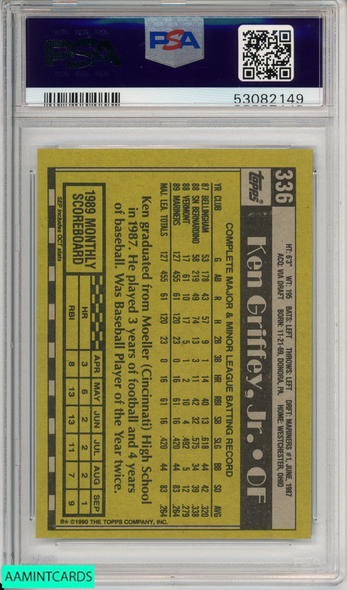 1990 TOPPS KEN GRIFFEY JR  #336 SEATTLE MARINERS HOF PSA 8 NM-MT 53082149 1990 TOPPS KEN GRIFFEY JR  #336 SEATTLE MARINERS HOF PSA 8 NM-MT 53082149