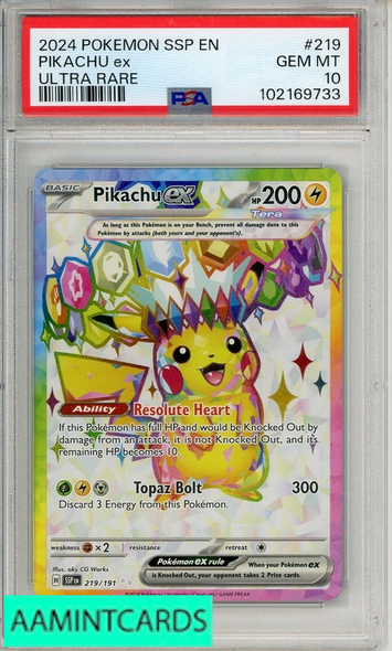 2024 POKEMON SSP EN-SURGING SPARKS PIKACHU EX #219 ULTRA RARE PSA 10 102169733