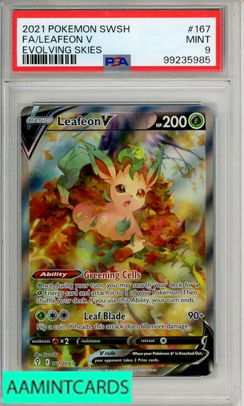 2021 POKEMON SWORD SHIELD EVOLVING SKIES FA LEAFEON V #167 PSA 9 MINT 99235985