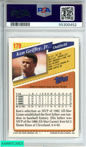 1993 TOPPS KEN GRIFFEY JR  #179 SEATTLE MARINERS HOF PSA 10 GEM MT 55300452 1993 TOPPS KEN GRIFFEY JR  #179 SEATTLE MARINERS HOF PSA 10 GEM MT 55300452