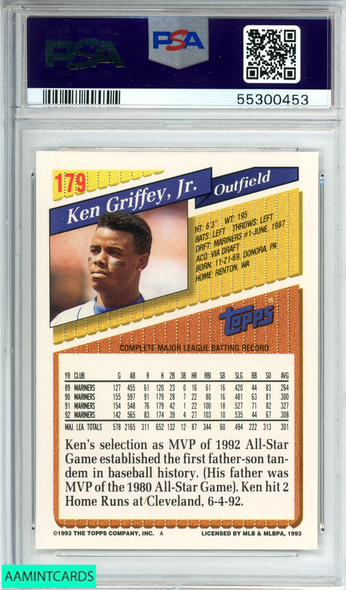 1993 TOPPS KEN GRIFFEY JR  #179 SEATTLE MARINERS HOF PSA 10 GEM MT 55300453 1993 TOPPS KEN GRIFFEY JR  #179 SEATTLE MARINERS HOF PSA 10 GEM MT 55300453