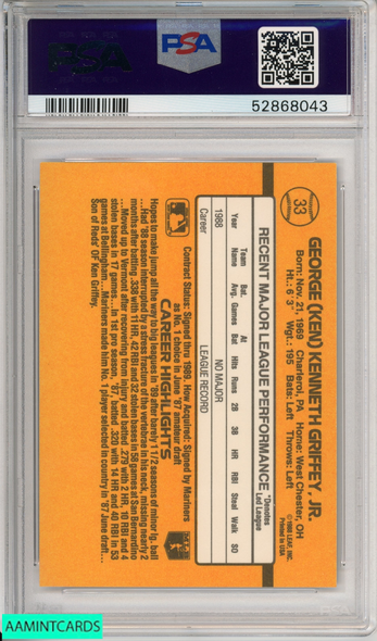 1989 DONRUSS KEN GRIFFEY JR #33 ROOKIE HOF SEATTLE MARINERS RC PSA 8 NM-MT 52868043