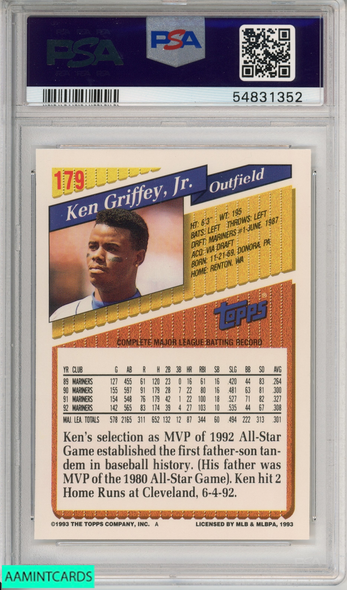 1993 TOPPS KEN GRIFFEY JR #179 SEATTLE MARINERS HOF PSA 9 MINT 54831352 1993 TOPPS KEN GRIFFEY JR #179 SEATTLE MARINERS HOF PSA 9 MINT 54831352