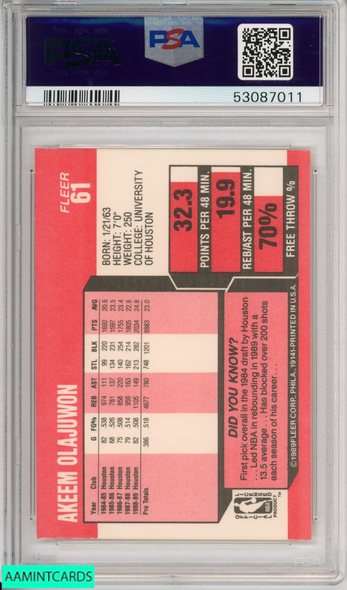 1989 FLEER AKEEM OLAJUWON #61 HOF HOUSTON ROCKETS PSA 9 MINT 53087011
