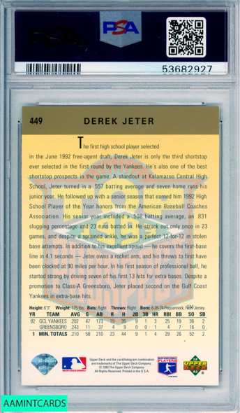 1993 UPPER DECK DEREK JETER #449 ROOKIE HOF NEW YORK YANKEES RC PSA 8 NM-MT 53682927 1993 UPPER DECK DEREK JETER #449 ROOKIE HOF NEW YORK YANKEES RC PSA 8 NM-MT 53682927