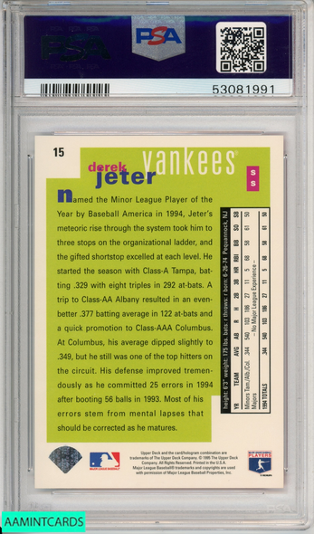 1995 COLLECTORS CHOICE DEREK JETER #15 HOF NEW YORK YANKEES PSA 9 MINT 53081991 1995 COLLECTORS CHOICE DEREK JETER #15 HOF NEW YORK YANKEES PSA 9 MINT 53081991