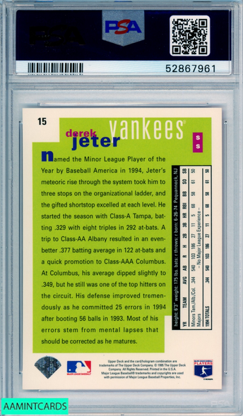 1995 COLLECTORS CHOICE DEREK JETER #15 HOF NEW YORK YANKEES PSA 8 NM-MT 52867961