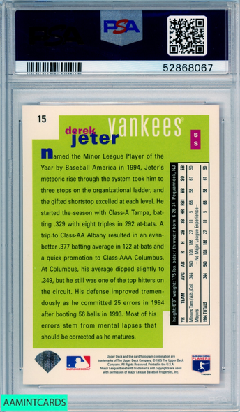 1995 COLLECTORS CHOICE DEREK JETER #15 HOF NEW YORK YANKEES PSA 8 NM-MT 52868067 1995 COLLECTORS CHOICE DEREK JETER #15 HOF NEW YORK YANKEES PSA 8 NM-MT 52868067