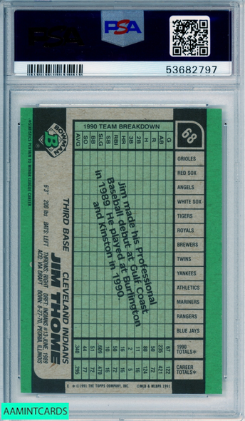 1991 BOWMAN JIM THOME #68 ROOKIE HOF CLEVELAND INDIANS RC PSA 9 MINT 53682797
