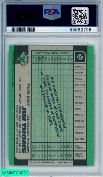1991 BOWMAN JIM THOME #68 ROOKIE HOF CLEVELAND INDIANS RC PSA 9 MINT 53682795