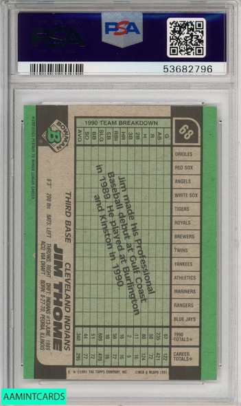 1991 BOWMAN JIM THOME #68 CLEVELAND INDIANS ROOKIE RC HOF PSA 8 NM-MT 53682796 1991 BOWMAN JIM THOME #68 CLEVELAND INDIANS ROOKIE RC HOF PSA 8 NM-MT 53682796