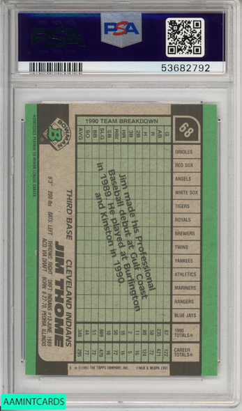 1991 BOWMAN JIM THOME #68 ROOKIE HOF CLEVELAND INDIANS RC PSA 8 NM-MT 53682792