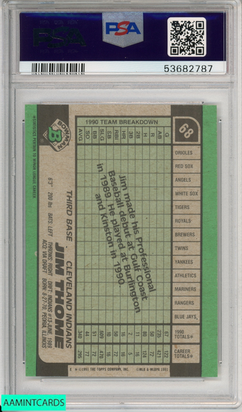 1991 BOWMAN JIM THOME #68 ROOKIE HOF CLEVELAND INDIANS RC PSA 8 NM-MT 53682787