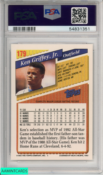 1993 TOPPS KEN GRIFFEY JR #179 SEATTLE MARINERS HOF PSA 9 MINT 54831351 1993 TOPPS KEN GRIFFEY JR #179 SEATTLE MARINERS HOF PSA 9 MINT 54831351