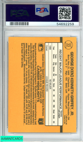 1989 DONRUSS KEN GRIFFEY JR  #33 SEATTLE MARINERS ROOKIE RC PSA 8 NM-MT 54692259