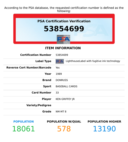 1989 DONRUSS KEN GRIFFEY JR #33 ROOKIE HOF SEATTLE MARINERS RC PSA 8 NM-MT 53854699