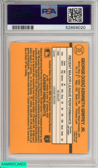 1989 DONRUSS KEN GRIFFEY JR #33 ROOKIE HOF SEATTLE MARINERS RC PSA 8 NM-MT 52868020