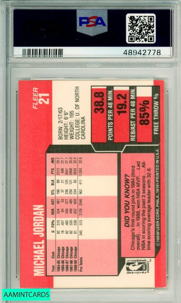1989 FLEER MICHAEL JORDAN #21 CHICAGO BULLS PSA NM-MT 8 48942778 1989 FLEER MICHAEL JORDAN #21 CHICAGO BULLS PSA NM-MT 8 48942778