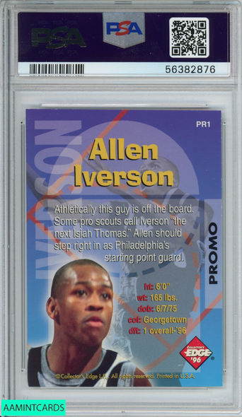 1996 COLLECTORS EDGE ALLEN IVERSON #PR1 RAD RECRUITS-HOLO PROMO ROOKIE RC PSA 6 56382876 1996 COLLECTORS EDGE ALLEN IVERSON #PR1 RAD RECRUITS-HOLO PROMO ROOKIE RC PSA 6 56382876