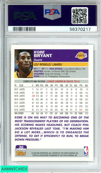 2003 TOPPS KOBE BRYANT #36 LOS ANGELES LAKERS MAMBA HOF!! PSA 9 MINT 56370217 2003 TOPPS KOBE BRYANT #36 LOS ANGELES LAKERS MAMBA HOF!! PSA 9 MINT 56370217