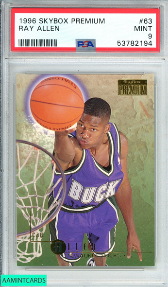 1996 SKYBOX PREMIUM RAY ALLEN #63 MILWAUKEE BUCKS ROOKIE RC PSA 9 MINT 53782194 1996 SKYBOX PREMIUM RAY ALLEN #63 MILWAUKEE BUCKS ROOKIE RC PSA 9 MINT 53782194