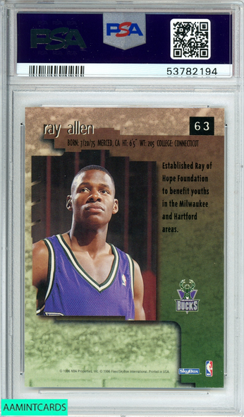 1996 SKYBOX PREMIUM RAY ALLEN #63 MILWAUKEE BUCKS ROOKIE RC PSA 9 MINT 53782194 1996 SKYBOX PREMIUM RAY ALLEN #63 MILWAUKEE BUCKS ROOKIE RC PSA 9 MINT 53782194