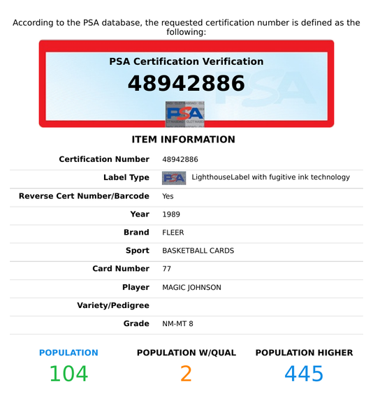 1989 FLEER MAGIC JOHNSON #77 L A  LAKERS PSA NM-MT 8 48942886
