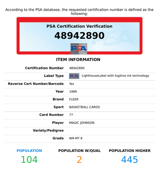 1989 FLEER MAGIC JOHNSON #77 L A  LAKERS PSA NM-MT 8 48942890