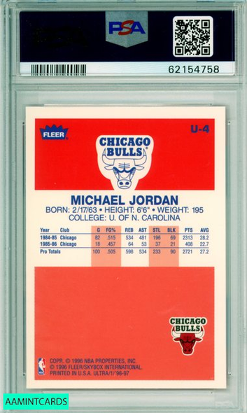 1996 ULTRA MICHAEL JORDAN #U-4 DECADE OF EXCELLENCE HOF BULLS PSA 10 GEM MT 62154758 1996 ULTRA MICHAEL JORDAN #U-4 DECADE OF EXCELLENCE HOF BULLS PSA 10 GEM MT 62154758