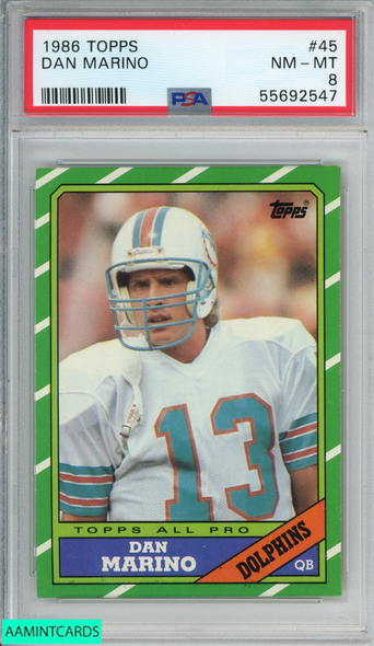 1986 TOPPS DAN MARINO #45 MIAMI DOLPHINS HOF PSA 8 NM-MT 55692547 1986 TOPPS DAN MARINO #45 MIAMI DOLPHINS HOF PSA 8 NM-MT 55692547