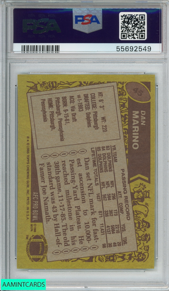 1986 TOPPS DAN MARINO #45 MIAMI DOLPHINS HOF PSA 8 NM-MT 55692549 1986 TOPPS DAN MARINO #45 MIAMI DOLPHINS HOF PSA 8 NM-MT 55692549
