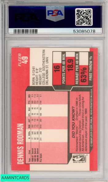 1989 FLEER DENNIS RODMAN #49 DETROIT PISTONS HOF PSA 8 NM-MT 53085078 1989 FLEER DENNIS RODMAN #49 DETROIT PISTONS HOF PSA 8 NM-MT 53085078