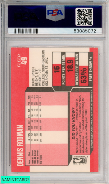 1989 FLEER DENNIS RODMAN #49 DETROIT PISTONS HOF PSA 8 NM-MT 53085072 1989 FLEER DENNIS RODMAN #49 DETROIT PISTONS HOF PSA 8 NM-MT 53085072