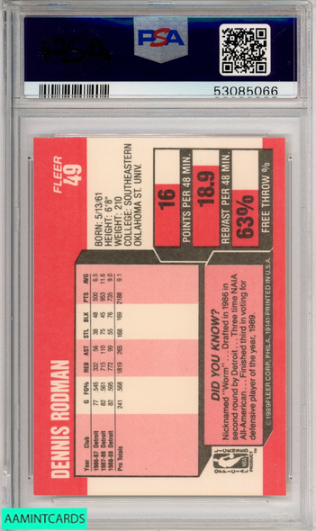 1989 FLEER DENNIS RODMAN #49 DETROIT PISTONS HOF PSA 8 NM-MT 53085066 1989 FLEER DENNIS RODMAN #49 DETROIT PISTONS HOF PSA 8 NM-MT 53085066