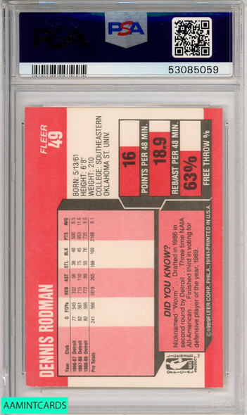 1989 FLEER DENNIS RODMAN #49 DETROIT PISTONS HOF PSA 8 NM-MT 53085059 1989 FLEER DENNIS RODMAN #49 DETROIT PISTONS HOF PSA 8 NM-MT 53085059