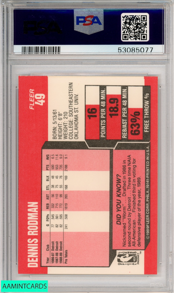1989 FLEER DENNIS RODMAN #49 DETROIT PISTONS HOF PSA 8 NM-MT 53085077