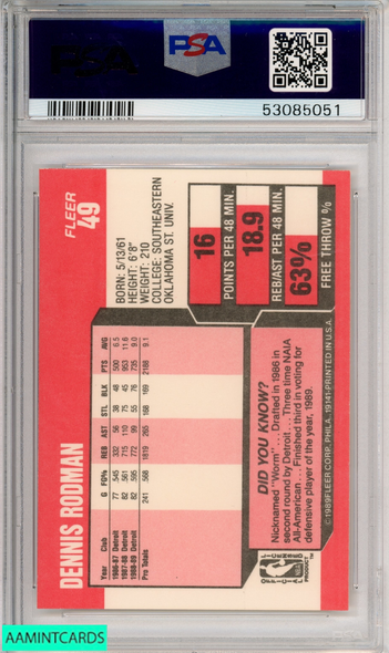 1989 FLEER DENNIS RODMAN #49 DETROIT PISTONS HOF PSA 8 NM-MT 53085051