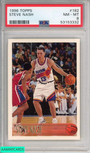 1996 TOPPS STEVE NASH #182 ROOKIE HOF PHOENIX SUNS RC PSA 8 NM-MT 53153332 1996 TOPPS STEVE NASH #182 ROOKIE HOF PHOENIX SUNS RC PSA 8 NM-MT 53153332